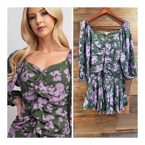 Anthropology- Easel Green and Purple Ruched Flirty Floral Dress